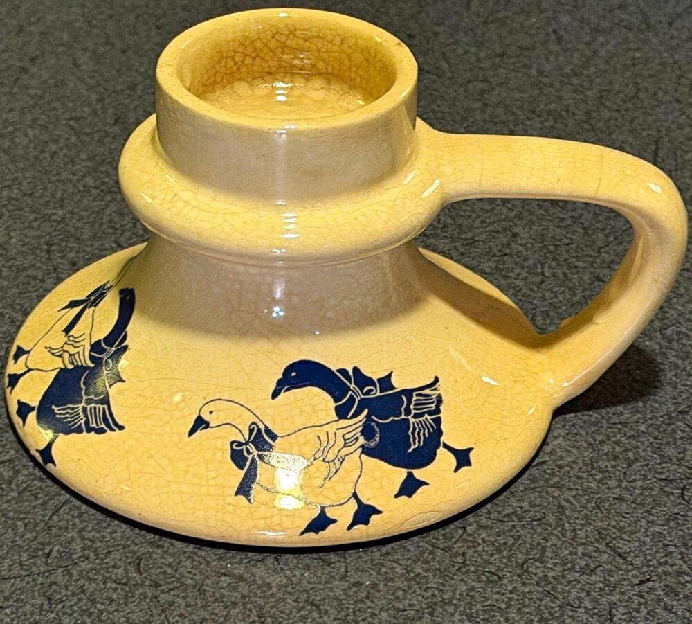 Vintage Beige Ceramic Chamberstick Candle Holder Handle Blue Geese cottage core